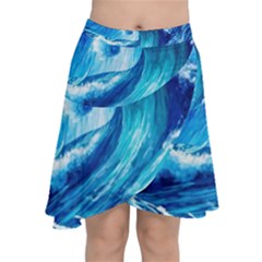 Tsunami Tidal Wave Ocean Waves Sea Nature Water Blue Painting Chiffon Wrap Front Skirt by uniart180623