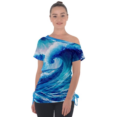 Tsunami Tidal Wave Ocean Waves Sea Nature Water Blue Painting Off Shoulder Tie-up Tee by uniart180623