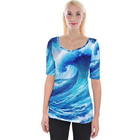 Tsunami Tidal Wave Ocean Waves Sea Nature Water Blue Painting Wide Neckline Tee by uniart180623