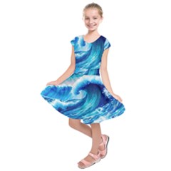 Tsunami Tidal Wave Ocean Waves Sea Nature Water Blue Painting Kids  Short Sleeve Dress by uniart180623