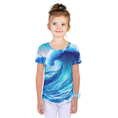 Tsunami Tidal Wave Ocean Waves Sea Nature Water Blue Painting Kids  One Piece Tee by uniart180623