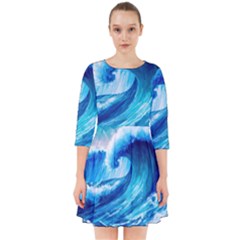 Tsunami Tidal Wave Ocean Waves Sea Nature Water Blue Painting Smock Dress by uniart180623