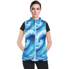 Tsunami Tidal Wave Ocean Waves Sea Nature Water Blue Painting Women s Puffer Vest by uniart180623