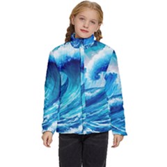 Tsunami Tidal Wave Ocean Waves Sea Nature Water Blue Painting Kids  Puffer Bubble Jacket Coat by uniart180623