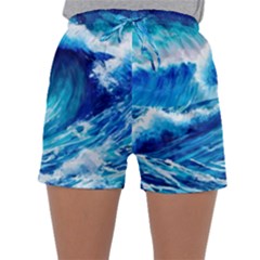 Tsunami Tidal Wave Ocean Waves Sea Nature Water Blue Painting Sleepwear Shorts by uniart180623