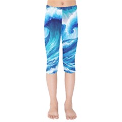 Tsunami Tidal Wave Ocean Waves Sea Nature Water Blue Painting Kids  Capri Leggings  by uniart180623