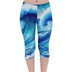 Tsunami Tidal Wave Ocean Waves Sea Nature Water Blue Painting Velvet Capri Leggings  by uniart180623