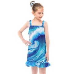 Tsunami Tidal Wave Ocean Waves Sea Nature Water Blue Painting Kids  Overall Dress by uniart180623