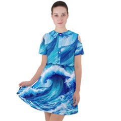 Tsunami Tidal Wave Ocean Waves Sea Nature Water Blue Painting Short Sleeve Shoulder Cut Out Dress  by uniart180623