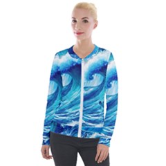 Tsunami Tidal Wave Ocean Waves Sea Nature Water Blue Painting Velvet Zip Up Jacket by uniart180623