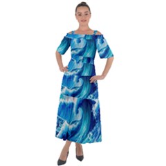 Tsunami Tidal Wave Ocean Waves Sea Nature Water Blue Painting Shoulder Straps Boho Maxi Dress  by uniart180623