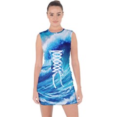 Tsunami Tidal Wave Ocean Waves Sea Nature Water Blue Painting Lace Up Front Bodycon Dress by uniart180623