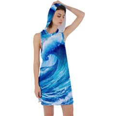 Tsunami Tidal Wave Ocean Waves Sea Nature Water Blue Painting Racer Back Hoodie Dress by uniart180623