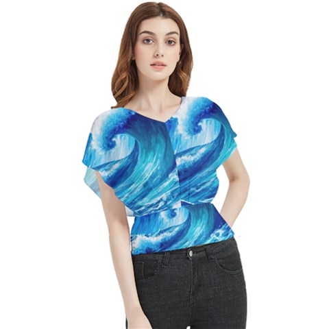 Tsunami Tidal Wave Ocean Waves Sea Nature Water Blue Painting Butterfly Chiffon Blouse by uniart180623