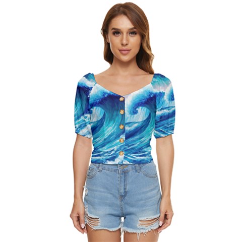 Tsunami Tidal Wave Ocean Waves Sea Nature Water Blue Painting Button Up Blouse by uniart180623