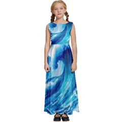 Tsunami Tidal Wave Ocean Waves Sea Nature Water Blue Painting Kids  Satin Sleeveless Maxi Dress by uniart180623