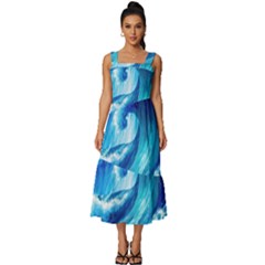 Tsunami Tidal Wave Ocean Waves Sea Nature Water Blue Painting Square Neckline Tiered Midi Dress by uniart180623