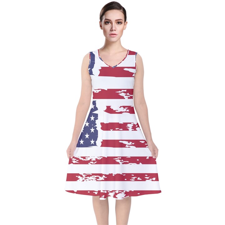 Flag Usa Unite Stated America V-Neck Midi Sleeveless Dress 