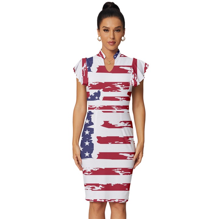 Flag Usa Unite Stated America Vintage Frill Sleeve V-Neck Bodycon Dress