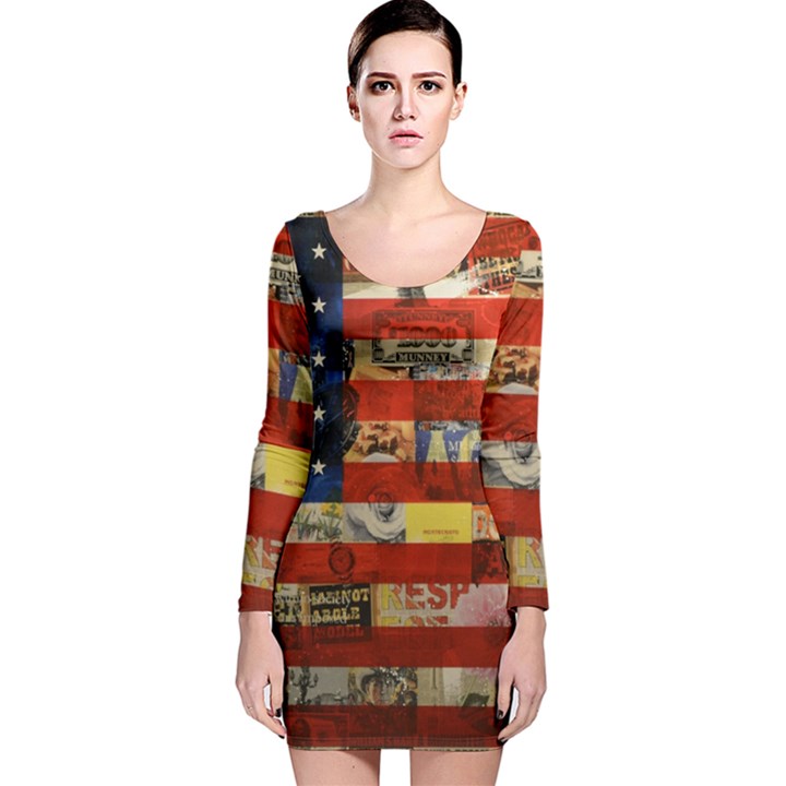 Usa Flag United States Long Sleeve Velvet Bodycon Dress