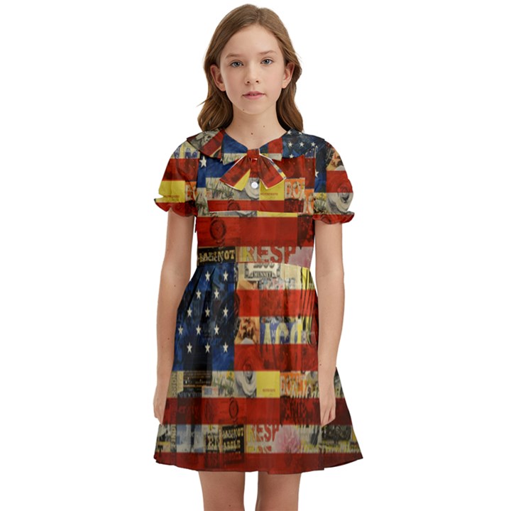 Usa Flag United States Kids  Bow Tie Puff Sleeve Dress