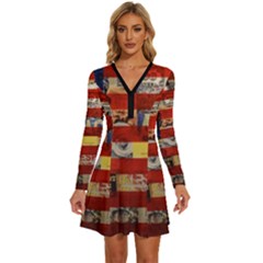 Usa Flag United States Long Sleeve Deep V Mini Dress  by uniart180623