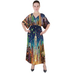 New York Confetti City Usa V-neck Boho Style Maxi Dress by uniart180623