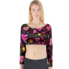 Multicolored Love Hearts Kiss Romantic Pattern Long Sleeve Crop Top by uniart180623