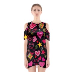 Multicolored Love Hearts Kiss Romantic Pattern Shoulder Cutout One Piece Dress by uniart180623