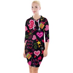 Multicolored Love Hearts Kiss Romantic Pattern Quarter Sleeve Hood Bodycon Dress by uniart180623