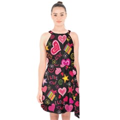 Multicolored Love Hearts Kiss Romantic Pattern Halter Collar Waist Tie Chiffon Dress by uniart180623