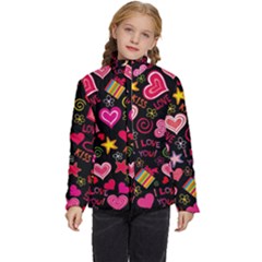 Multicolored Love Hearts Kiss Romantic Pattern Kids  Puffer Bubble Jacket Coat by uniart180623