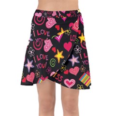 Multicolored Love Hearts Kiss Romantic Pattern Wrap Front Skirt by uniart180623