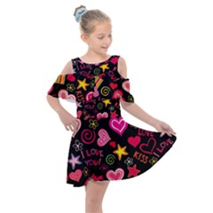 Multicolored Love Hearts Kiss Romantic Pattern Kids  Shoulder Cutout Chiffon Dress by uniart180623