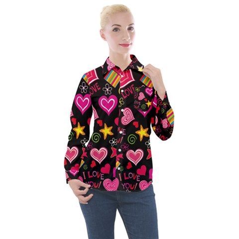 Multicolored Love Hearts Kiss Romantic Pattern Women s Long Sleeve Pocket Shirt by uniart180623