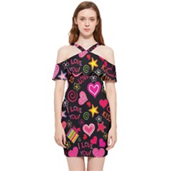 Multicolored Love Hearts Kiss Romantic Pattern Shoulder Frill Bodycon Summer Dress by uniart180623