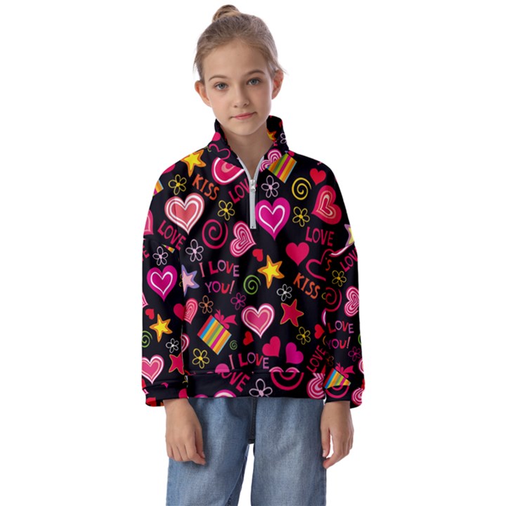 Multicolored Love Hearts Kiss Romantic Pattern Kids  Half Zip Hoodie