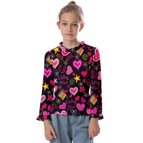 Multicolored Love Hearts Kiss Romantic Pattern Kids  Frill Detail Tee by uniart180623