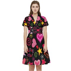 Multicolored Love Hearts Kiss Romantic Pattern Short Sleeve Waist Detail Dress by uniart180623