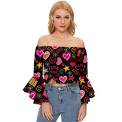 Multicolored Love Hearts Kiss Romantic Pattern Off Shoulder Flutter Bell Sleeve Top by uniart180623