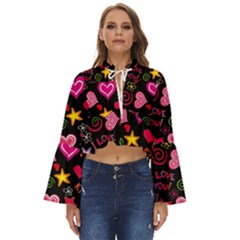 Multicolored Love Hearts Kiss Romantic Pattern Boho Long Bell Sleeve Top by uniart180623