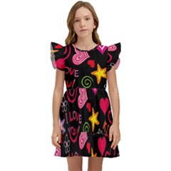 Multicolored Love Hearts Kiss Romantic Pattern Kids  Winged Sleeve Dress by uniart180623