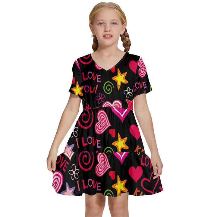 Multicolored Love Hearts Kiss Romantic Pattern Kids  Short Sleeve Tiered Mini Dress