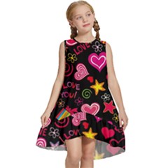 Multicolored Love Hearts Kiss Romantic Pattern Kids  Frill Swing Dress by uniart180623