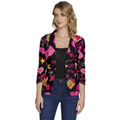 Multicolored Love Hearts Kiss Romantic Pattern Women s One-button 3/4 Sleeve Short Jacket