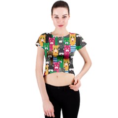 Cat Funny Colorful Pattern Crew Neck Crop Top by uniart180623