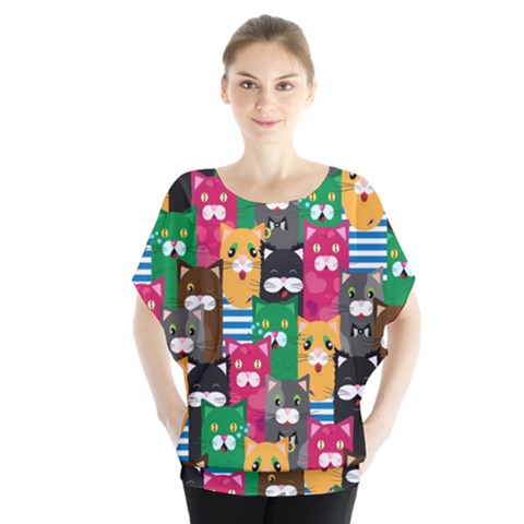 Cat Funny Colorful Pattern Batwing Chiffon Blouse by uniart180623