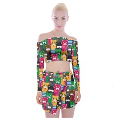 Cat Funny Colorful Pattern Off Shoulder Top With Mini Skirt Set by uniart180623