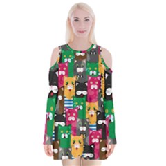 Cat Funny Colorful Pattern Velvet Long Sleeve Shoulder Cutout Dress by uniart180623