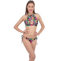 Cat Funny Colorful Pattern Cross Front Halter Bikini Set